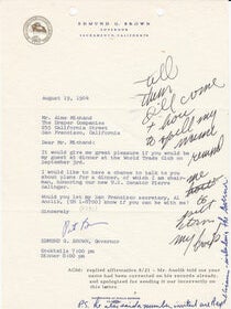 Item #15233 Typed Letter SIGNED. Edmund G. Brown