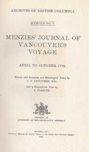 Item #15615 Menzies' Journal of Vancouver's voyage, April to October, 1792. C. F. Newcombe
