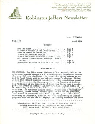 Item #16329 Robinson Jeffers Newsletter, Number 64, April 1984. Robinson Jeffers Committee