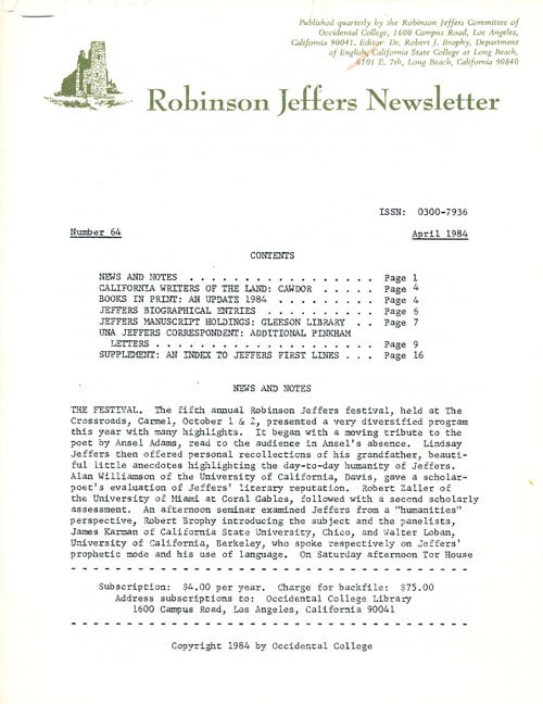 Item #16329 Robinson Jeffers Newsletter, Number 64, April 1984. Robinson Jeffers Committee.