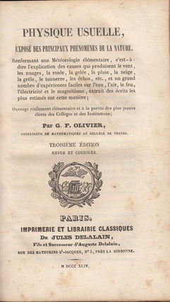 Item #17124 Physique Usuelle, Expose des Principaux Phenomenes de la Nature. G. F. Olivier