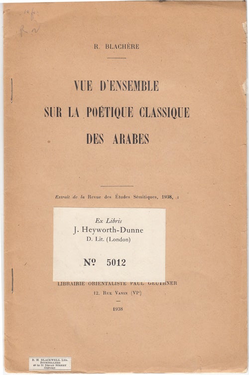 Item #18360 Vue d'Ensemble sur la Poetique Classique des Arabes. Blachere, egis.
