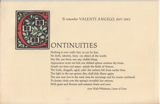 Item #18517 Continuities. To Remember Valenti Angelo, 1897-1982. James Linden
