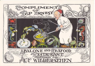 Item #19336 Pop Ernest, Abalone and Seafood Restaurant Menu & Postcard. CALIFORNIA, Jo J. Mora
