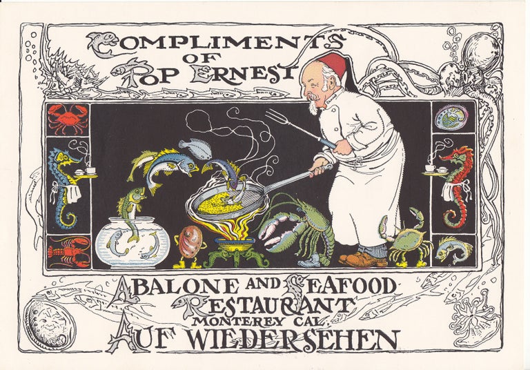 Item #19336 Pop Ernest, Abalone and Seafood Restaurant Menu & Postcard. CALIFORNIA, Jo J. Mora.