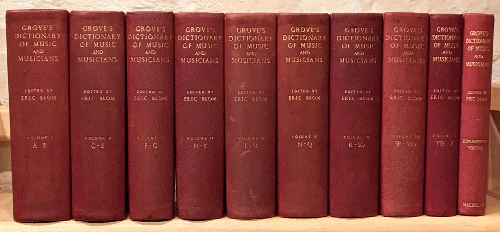 Grove's Dictionary of Music and Musicians 9 Volumes + Supplement Volume in  FULL LEATHER BINDINGS by Eric Blom, Denis Stevens on Carpe Diem Fine Books