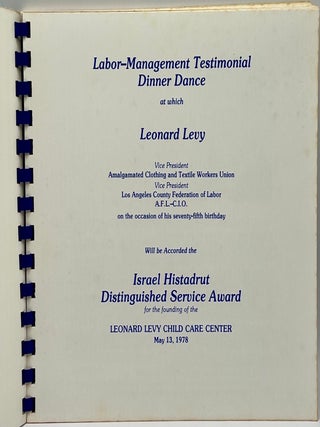 Labor-Management Testimonial Dinner Dance: Israel Histadrut Distinguished Service Award for the Founding of the Leonard Levy Child Care Center
