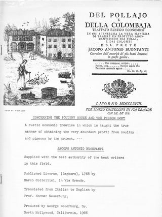 Item #7286 Concerning the Poultry House and the Pigeon Loft. Jacopo Antonio Buonfanti, Prof....